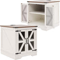 White Farmhouse End Table Set of 2, 21' Wood Sofa Side Table with Charging Station, Rustic Nightstand with Mesh Barn Door for Living Room, Square