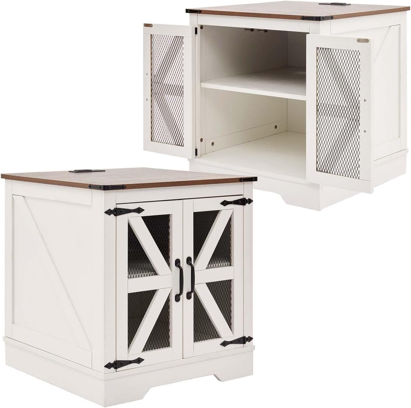 White Farmhouse End Table Set of 2, 21' Wood Sofa Side Table with Charging Station, Rustic Nightstand with Mesh Barn Door for Living Room, Square