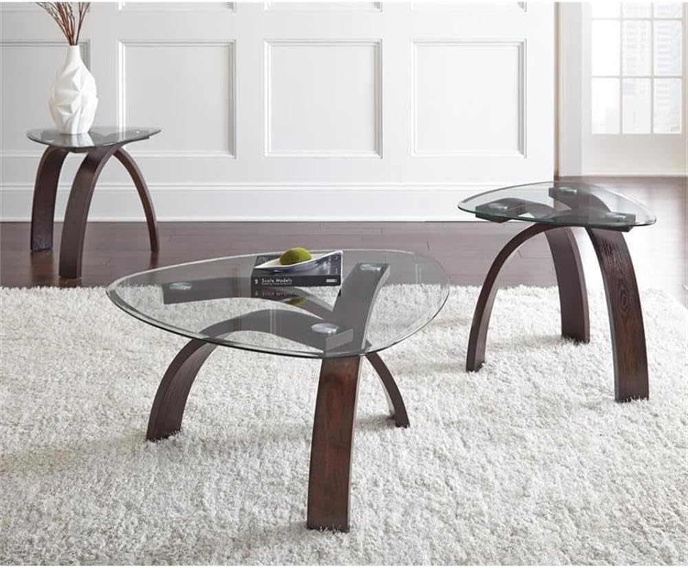 BOWERY HILL 3-Piece Coffee Table Set, Merlot Cherry Finish, Mixed Media Design, Beveled Glass Triangular Tops, Bentwood Base, Includes 1 Coffee Table and 2 End Tables, Modern Living Room Furniture