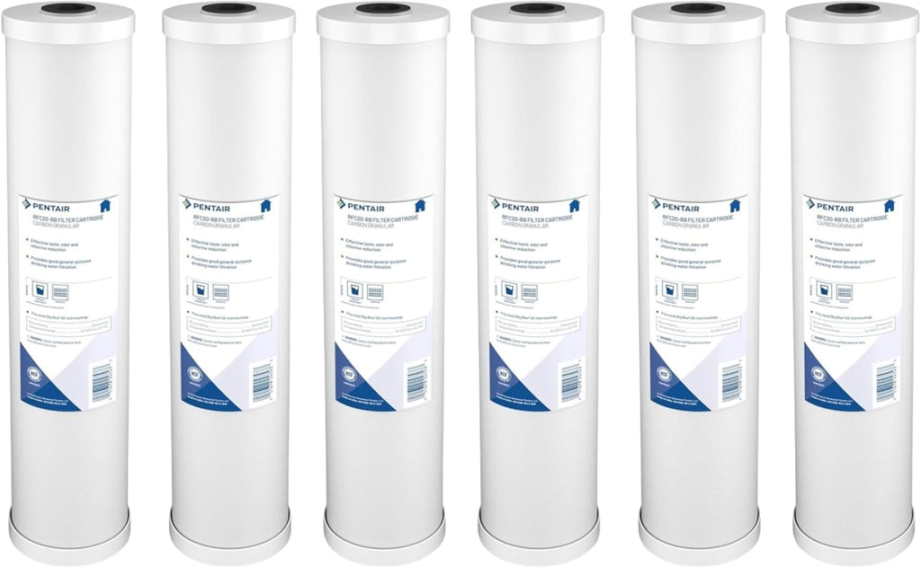 Pentair Pentek RFC-20BB Big Blue Carbon Water Filter, Whole House Heavy Duty Radial Flow Carbon Replacement Cartridge with Granular Carbon (GAC) Filter, 20' x 4.5', 25 Micron, Pack of 6, White