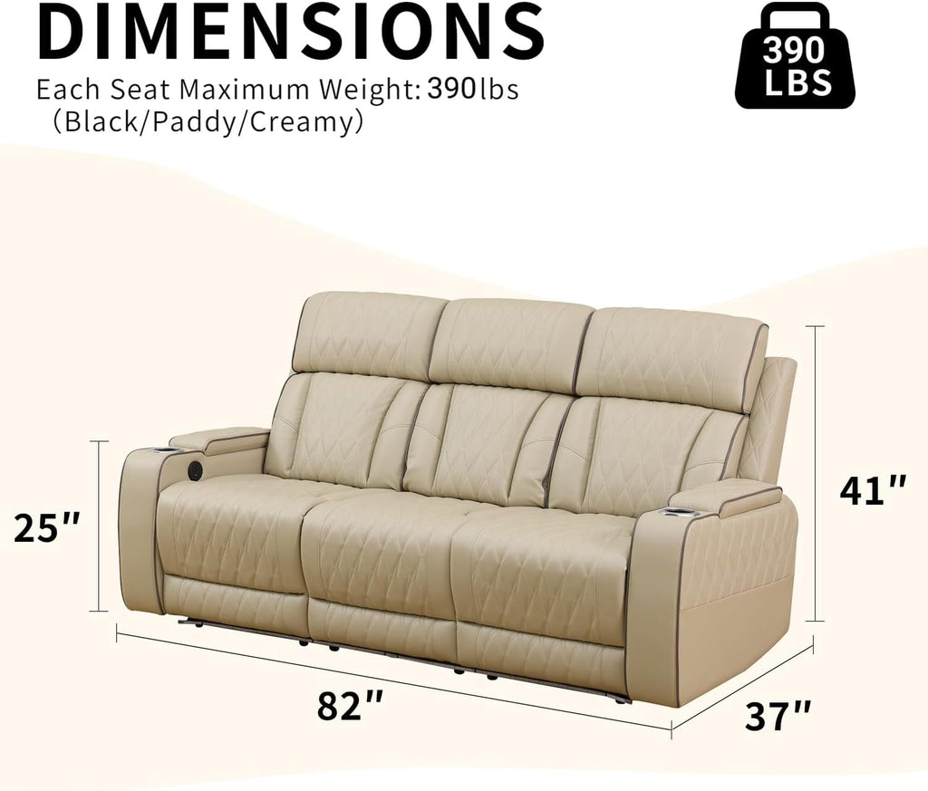 Power Recliner Sofa with LED Lights,Leather Reclining Couch with Double Recliner/USB Port/Coffee Table/Cup Holder for House/Home Theater(3 Seater Sofa,Paddy)