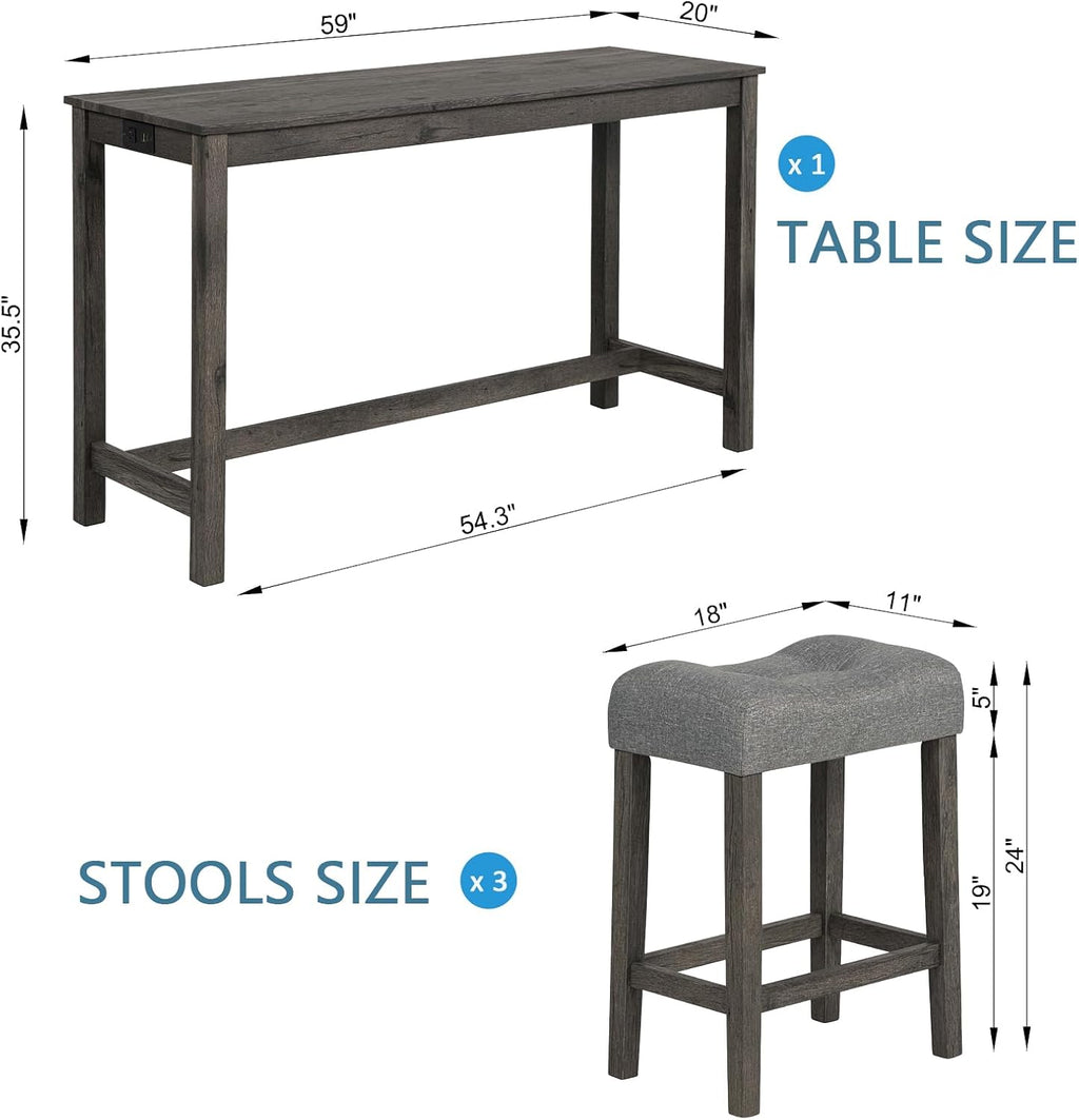 Merax 4 Piece Dining Bar Table Set with Power Outlet,Behind Sofa Couch Table with 3 Linen Fabric Padded Saddle Seat Stools,for Living Room,Dining Room,Dark Gray