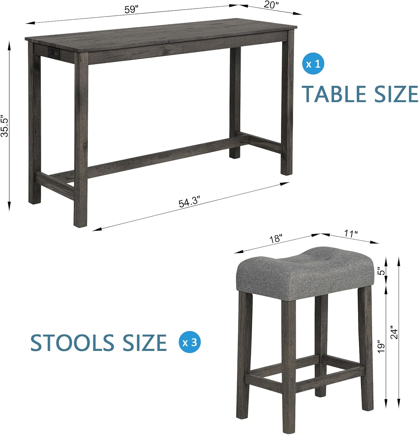 Merax 4 Piece Dining Bar Table Set with Power Outlet,Behind Sofa Couch Table with 3 Linen Fabric Padded Saddle Seat Stools,for Living Room,Dining Room,Dark Gray