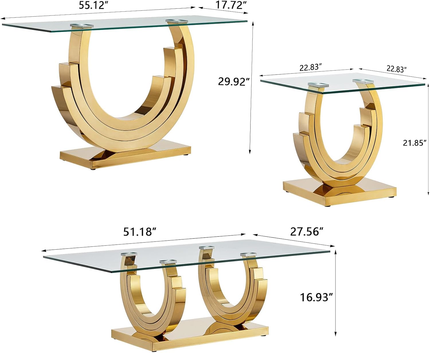 3 Pieces Living Room Table Set, Glass Coffee Table Set of 3, Modern Coffee Table, Console Table and End Table with Three U-Shaped Stainless Steel Base for Living Room (Gold)