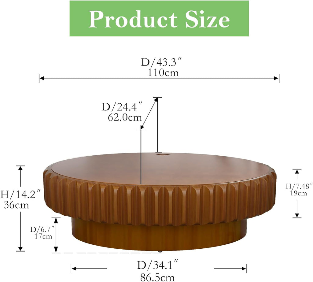 43.3' Oval Drum Coffee Table with Storage Rustic Chic Fluted Center Table - Handcraft Solid Wood Veneer Edge for Living Room Farmhouse (B 43.3in)