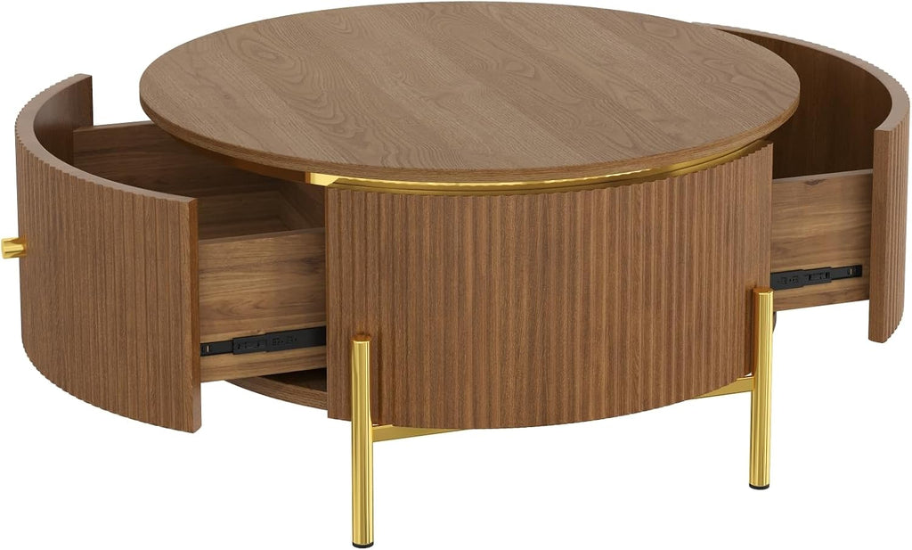 Modern Round Coffee Table with 2 Large Drawers Storage Accent Table, Brown, 31.5'