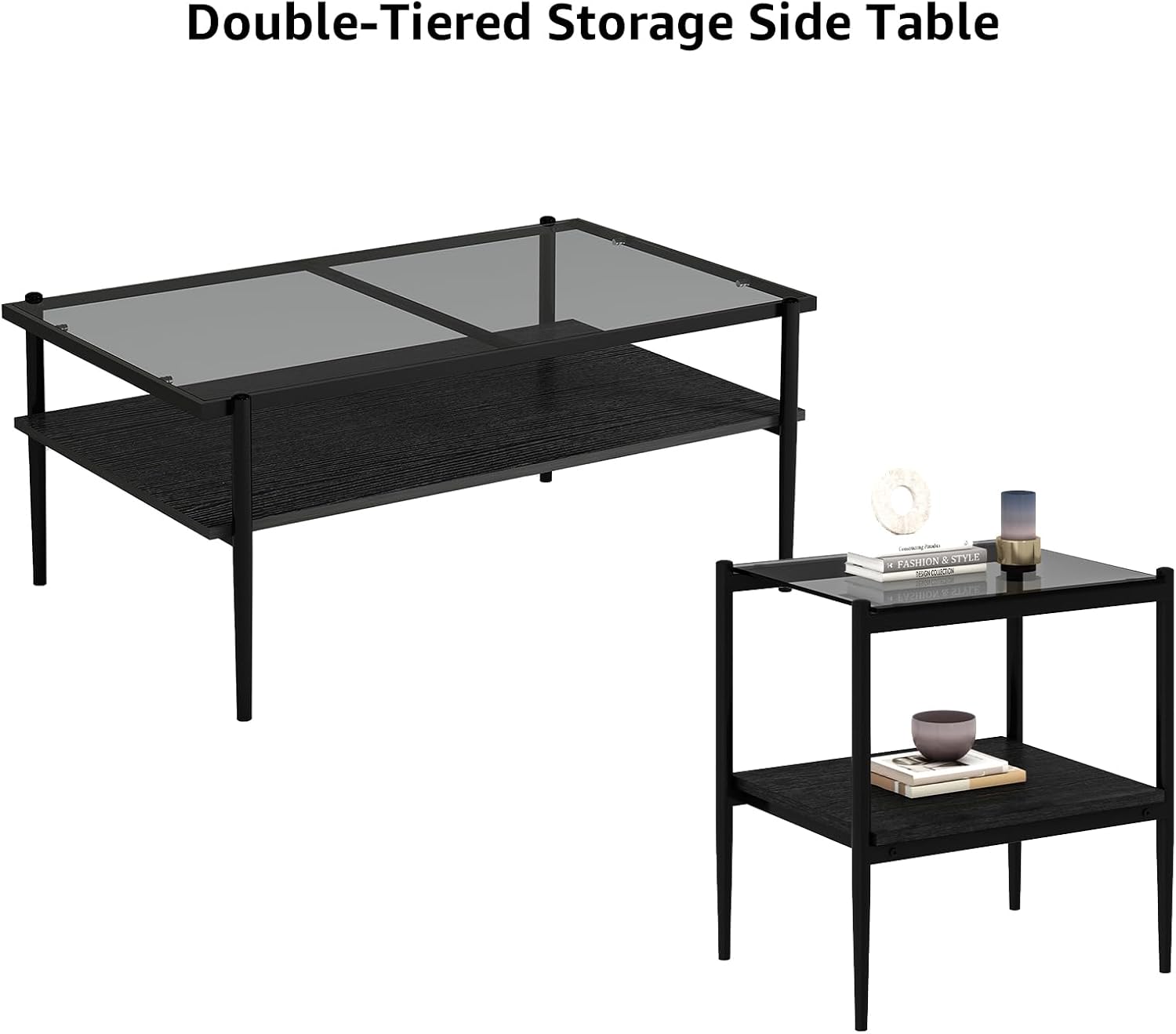 ODUSE-DAILY Coffee Table and End Table 3 Piece Living Room Set, Black Metal Frame Glass Top End Tables, Square Top Shelf, Sofa or Couch Side Tables, Mesa de Centro para Sala (3 Pcs)