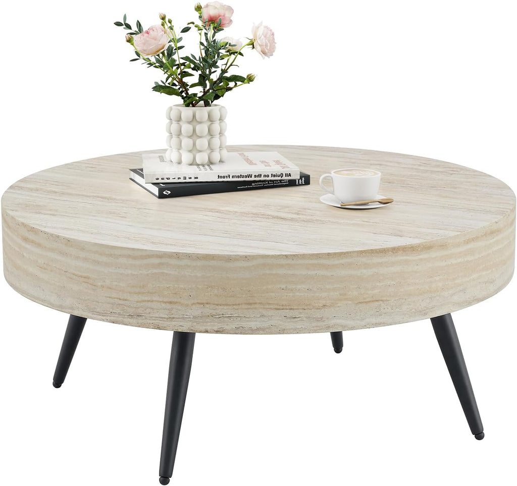 31.5' Modern Round Coffee Table,Small Coffee Tables Center Table with Metal Legs Wood Mars Marble-Patterned Tabletop for Living Room Office Apartment,Easy to Assemble, Wood Mars Marble