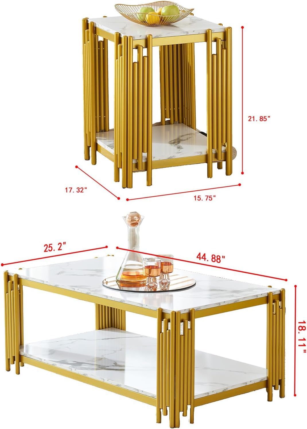 White Marble Coffee Table Set - 2 Piece Luxury Living Room Table Set with Faux Marble Top and Chrome Metal I-Base