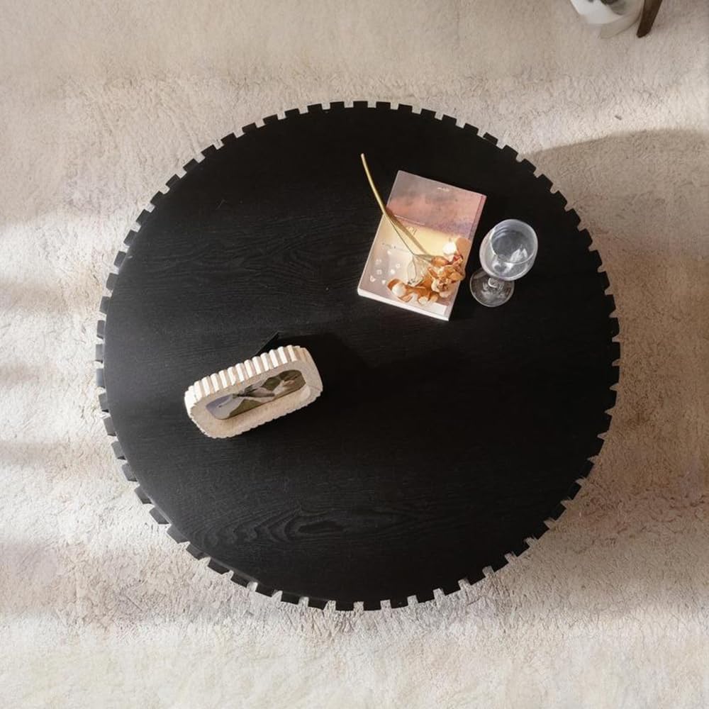 Round Fluted Coffee Table Round Drum Coffee Table for Living Room Modern Circular Pedestal Center Table (Circle Black 31.5in)