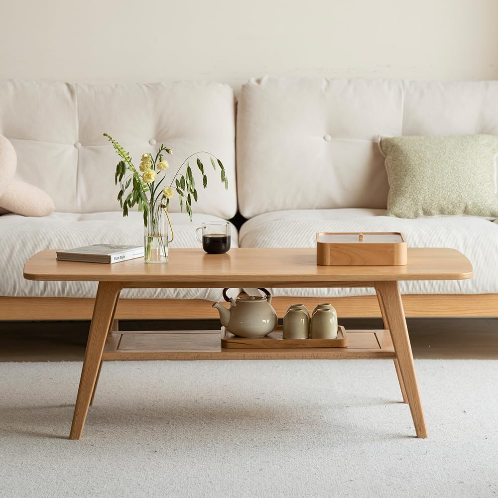 100% Solid Wood Coffee Table for Living Room, 39.37' Mid Century Modern Small Tables with Shelf Storage, 2-Tier Coffee Table with Rounded Corners (Oak Wood Log Color, 39.37' L)