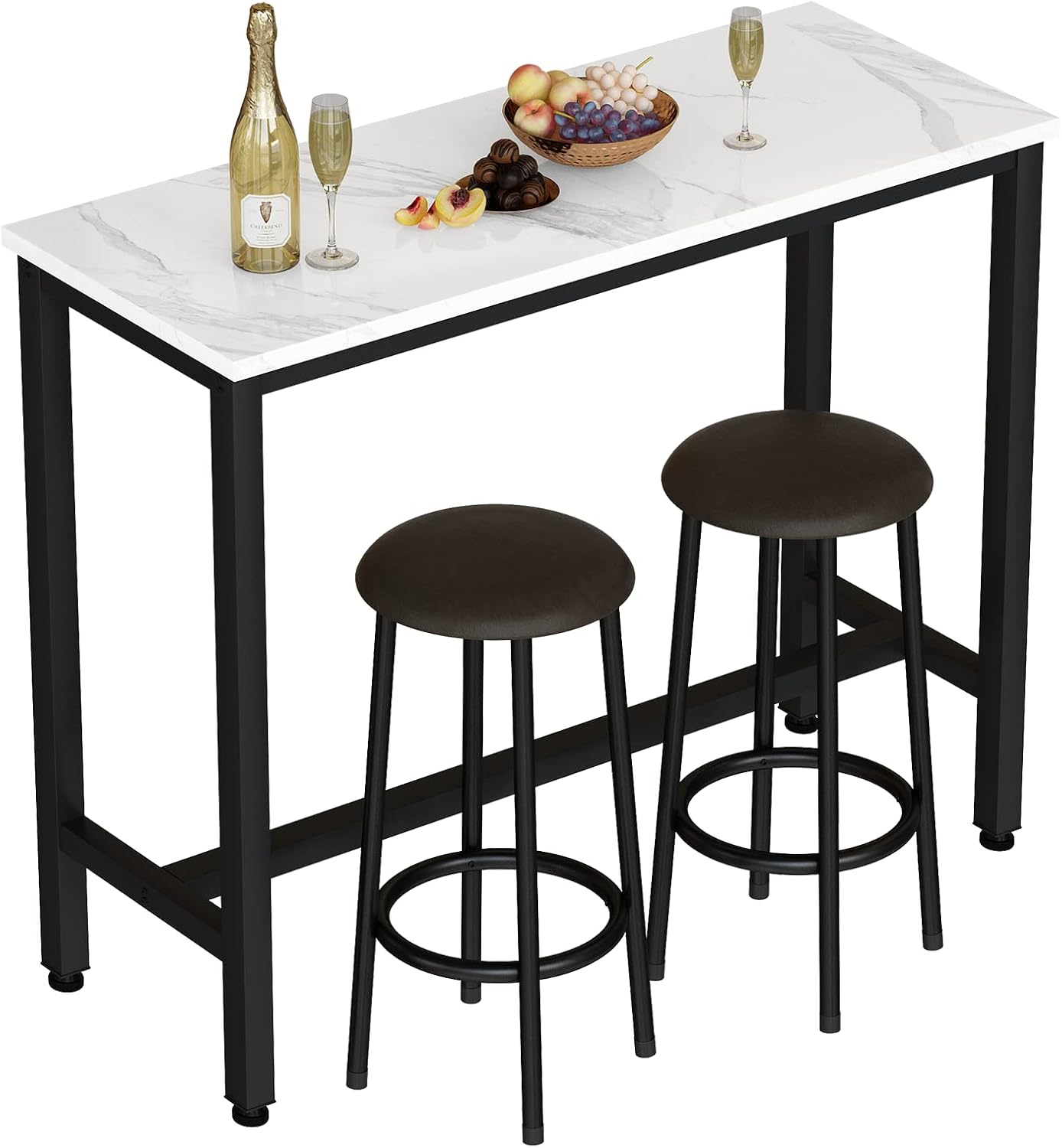 AWQM 47.2' Bar Table Set of 2,Faux Marble Pub Height Table and Chairs Set of 2 with Upholstered Stools,3 Piece Bar Table and Chairs Set Dining Table Set for Living Room,Kitchen,Bar,White & Brown