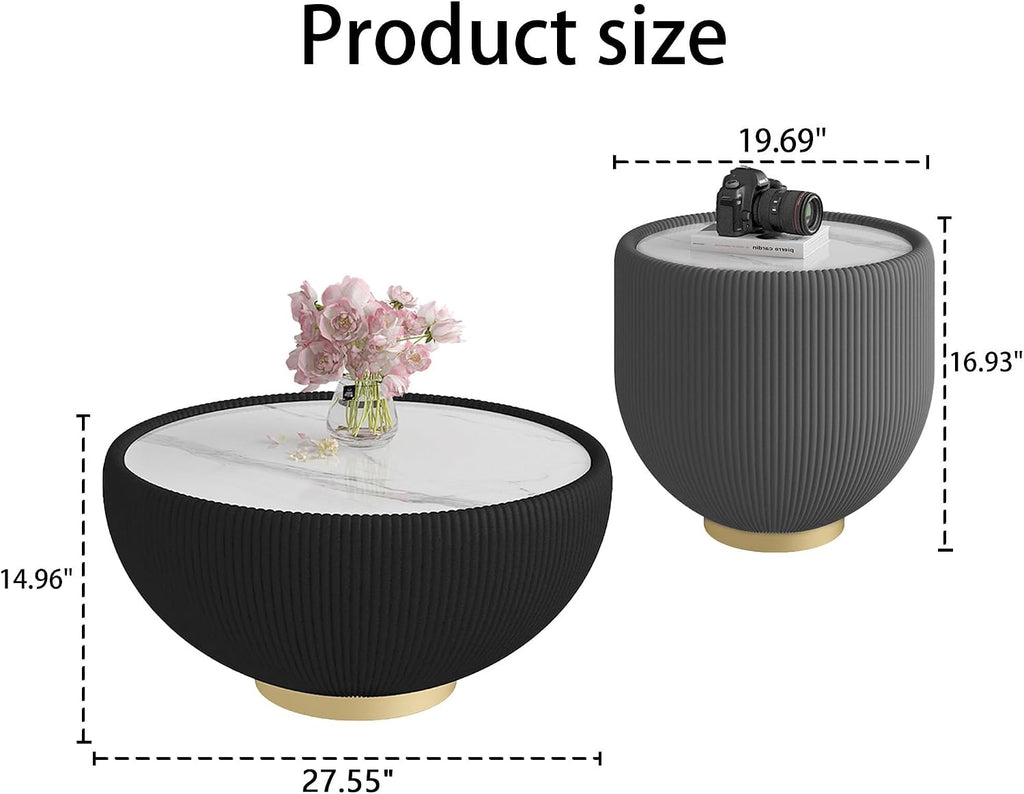 Round Marble Coffee Table Set of 2, 2 Piece White Coffee Table and End Table for Living Room Modern Drum Center Table Circle Side Tables for Living Room Bedroom Apartment,No Need Assembly,Black+Grey