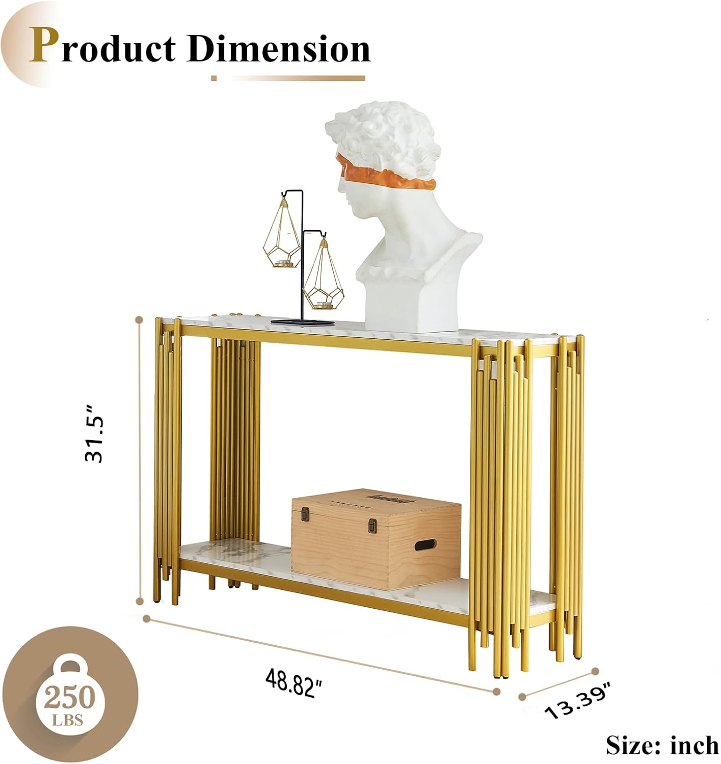 Elegant 2 Tier White Marble Console Table, Luxury Gold Living Room Sofa Table, 48' Long Modern Entryway Table, Golden Hallway Entrance Table with Adjustable Feet