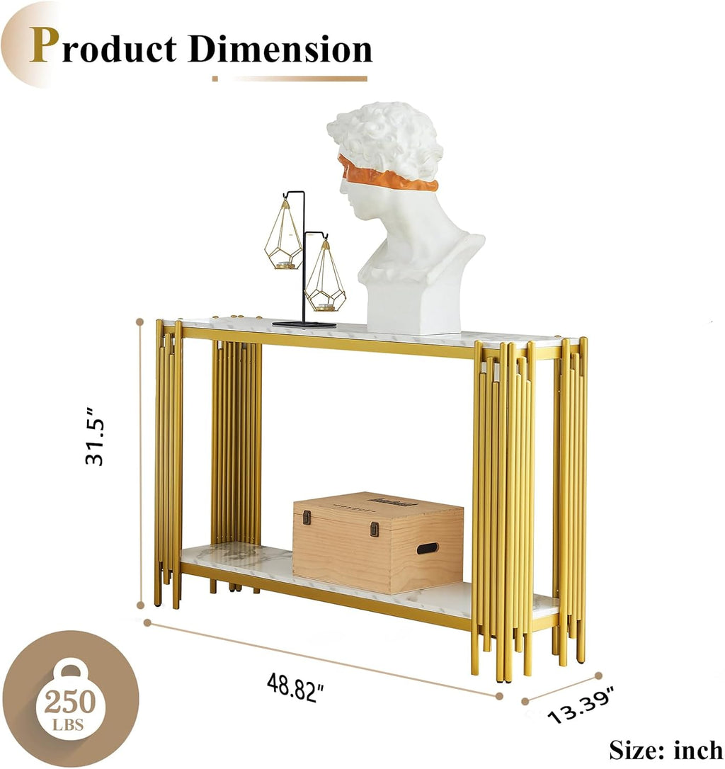 Gold Console Table, Modern 47.2' Entryway Table with Geometric Gold Metal Frame, 2 Tier White Faux Marble Sofa Table Behind Couch Table Accent Table for Entrance Living Room Hallway