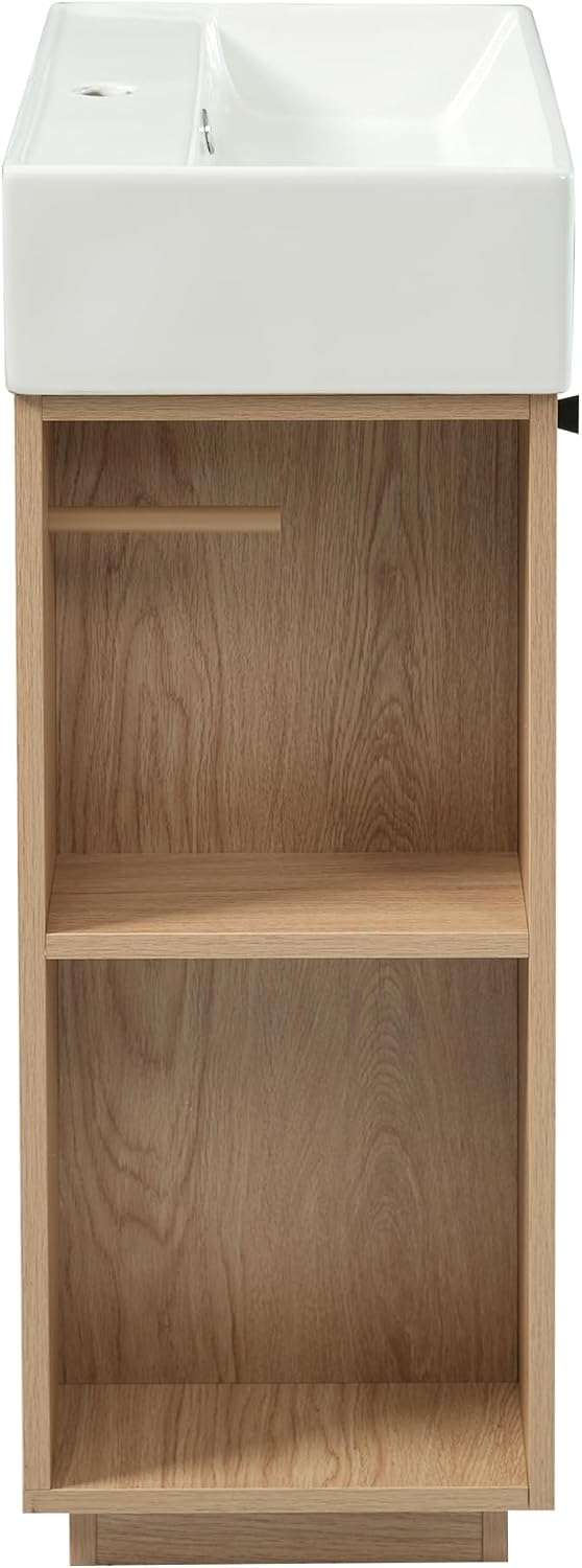 21.6' Modern Bathroom Vanity with Ceramic Sink - Freestanding Wood Grain Cabinet (MDF) with Left Door, Perfect Open/Closed Storage for Small Bathrooms!