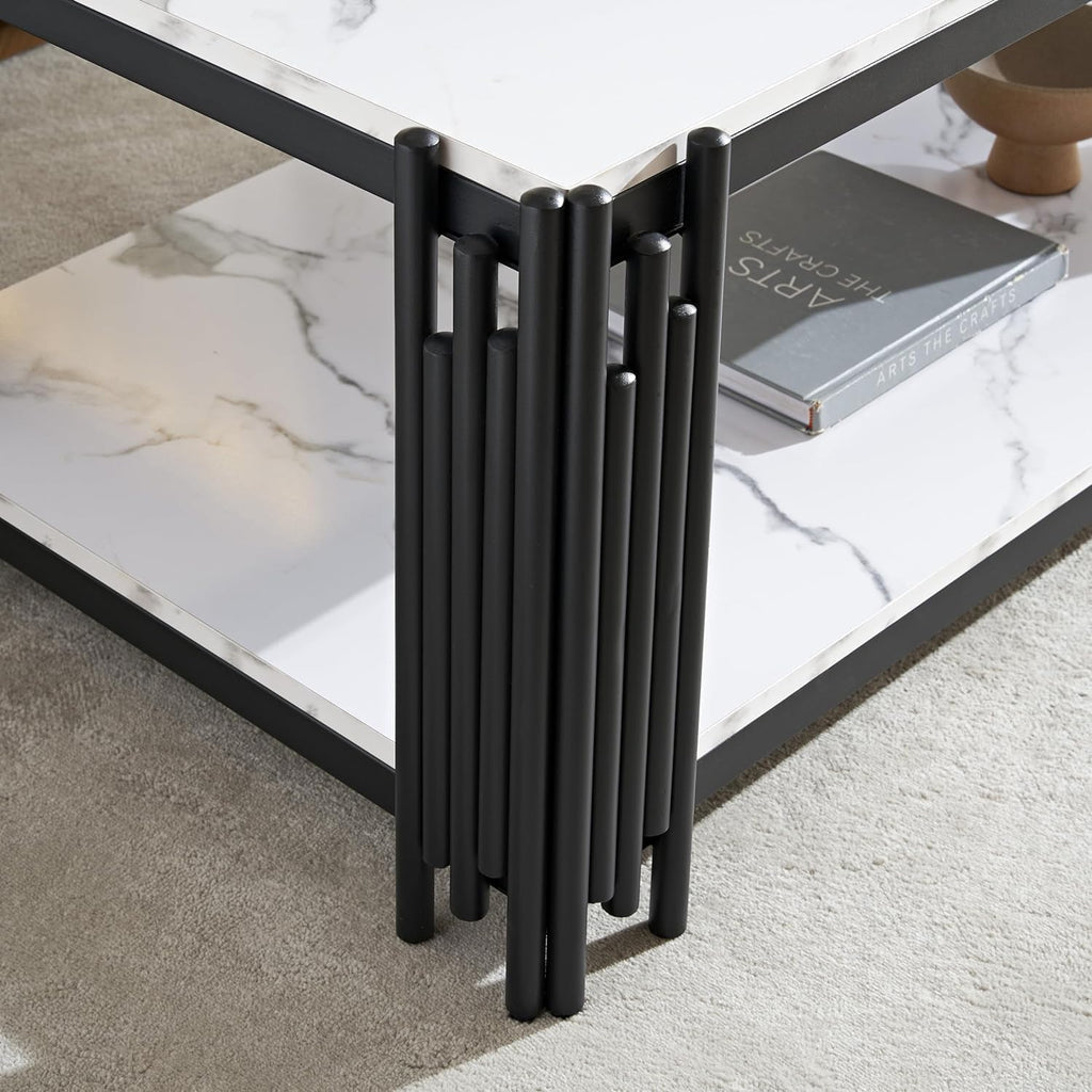 White Marble Coffee Table Set of 2, Faux Marble Coffee Table and White Silver End Table with Chrome Metal I-Base, Luxury 2 Piece Living Room Table Set for Home Office Bedroom