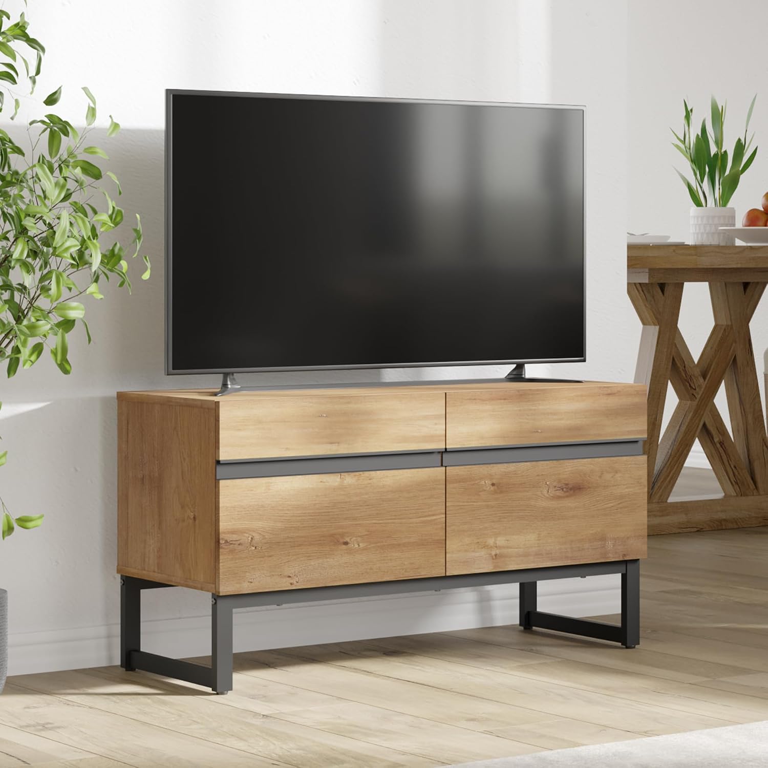 WAMPAT TV Stand and End Table Set of 3, Living Room Table Sets, 35 Inch TV Stand and 2 End Table Set with Drawers for Living Room, Entertainment Center, Console TV Table, Oak