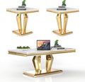 Living Room Coffee Table Set of 3, Modern Marble Coffee Table and 2 End Side Tables, 3-Piece Living Room Table Set with Stainless Steel Base for Living Room (Gold,White)