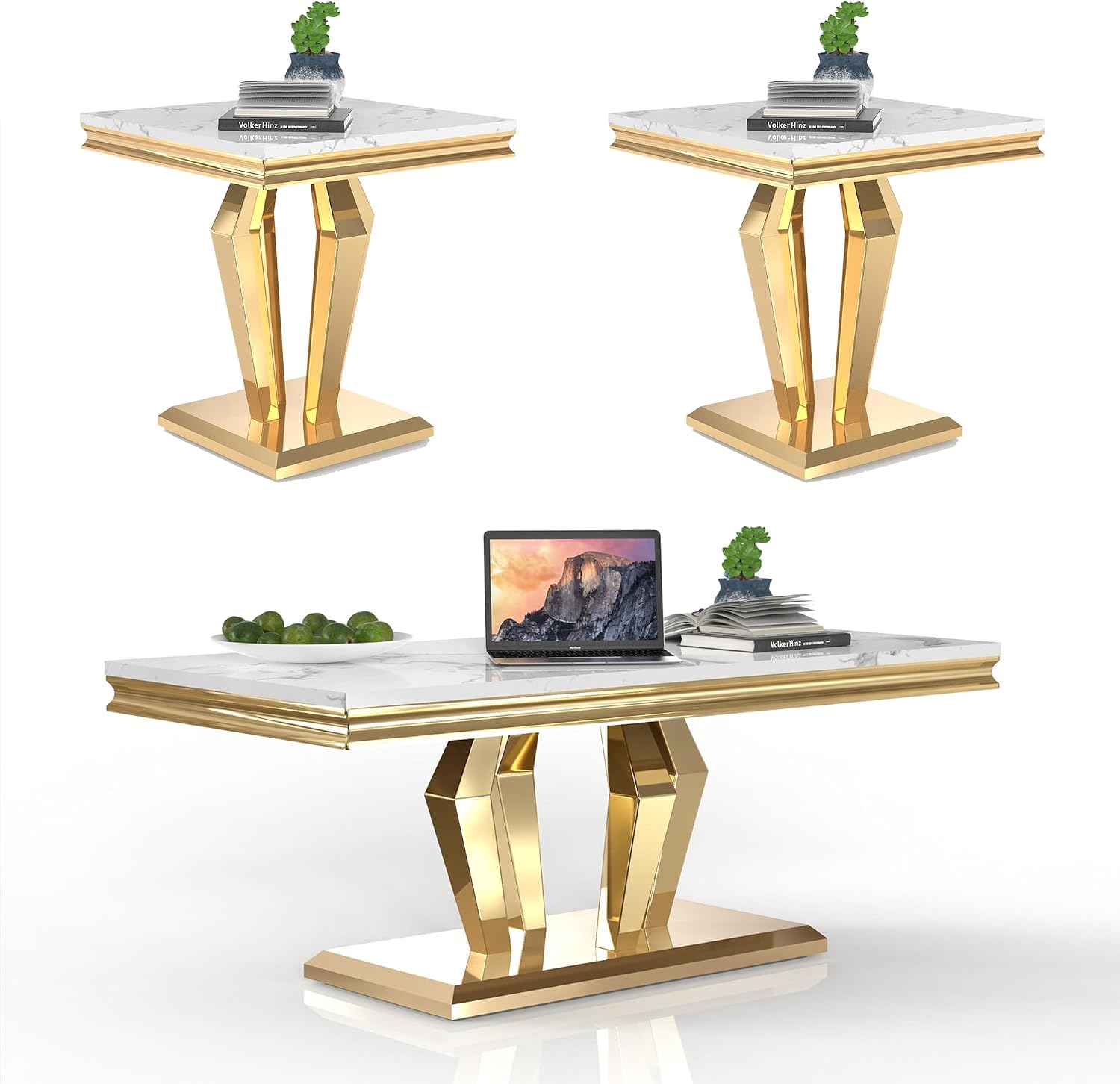 Living Room Coffee Table Set of 3, Modern Marble Coffee Table and 2 End Side Tables, 3-Piece Living Room Table Set with Stainless Steel Base for Living Room (Gold,White)