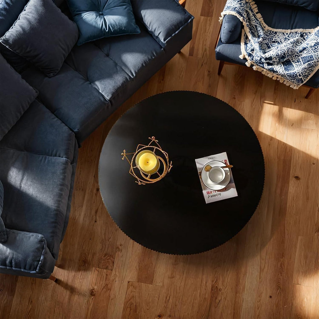 Round Fluted Coffee Table Round Drum Coffee Table for Living Room Modern Circular Pedestal Center Table (Circle Black 30.9in)