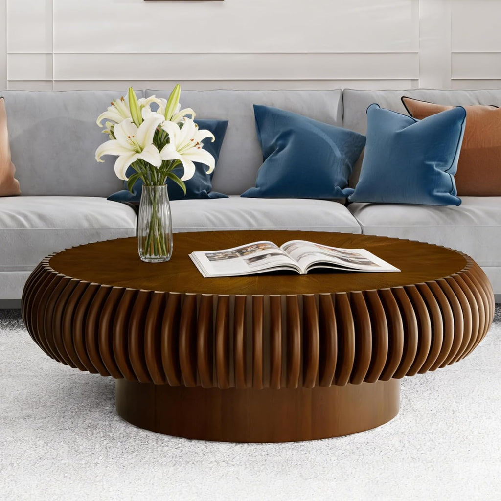 Round Drum Coffee Table Modern Coffee Tables Fluted Coffee Table Circle Center Table Pedestal End Table for Living Room Bedroom(Walnut 39.4in)