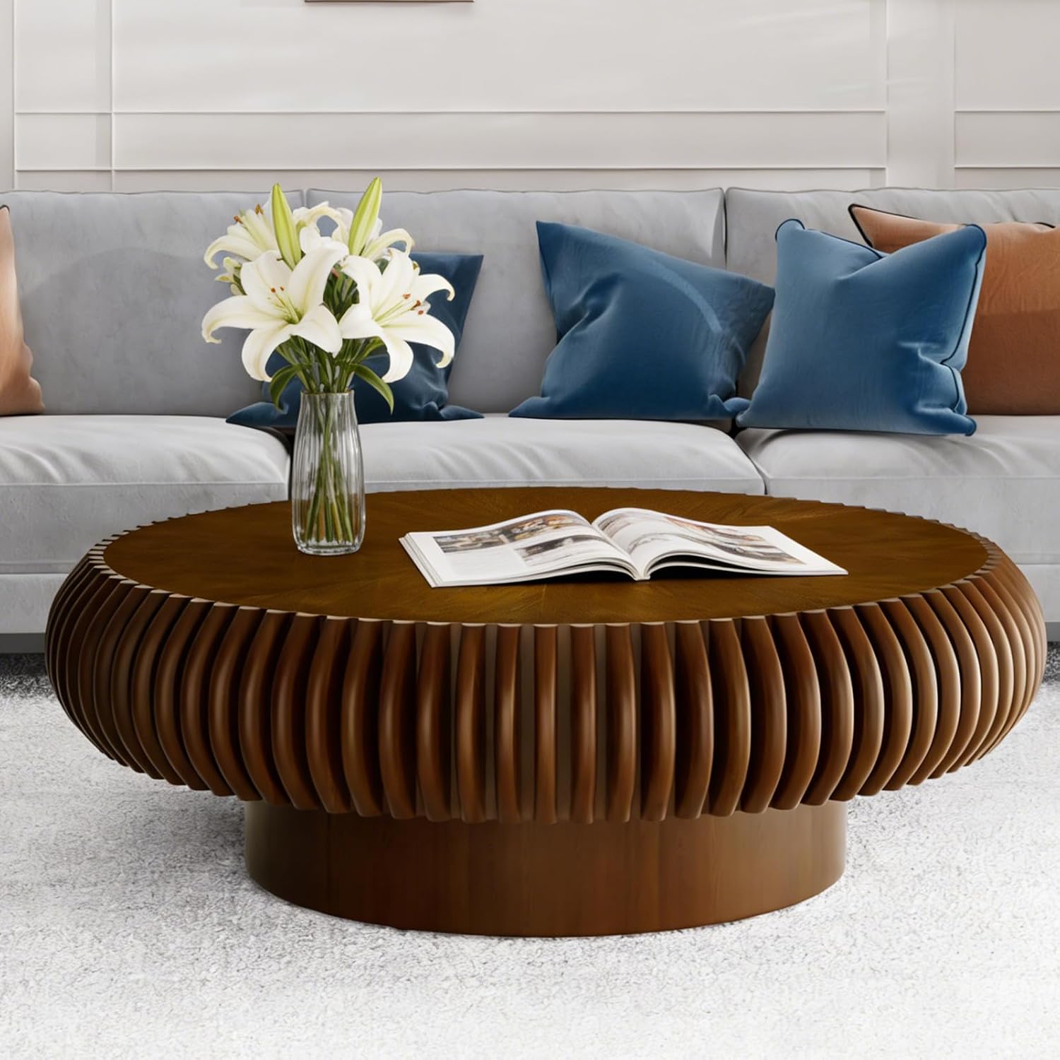 Round Drum Coffee Table Modern Coffee Tables Fluted Coffee Table Circle Center Table Pedestal End Table for Living Room Bedroom(Walnut 39.4in)