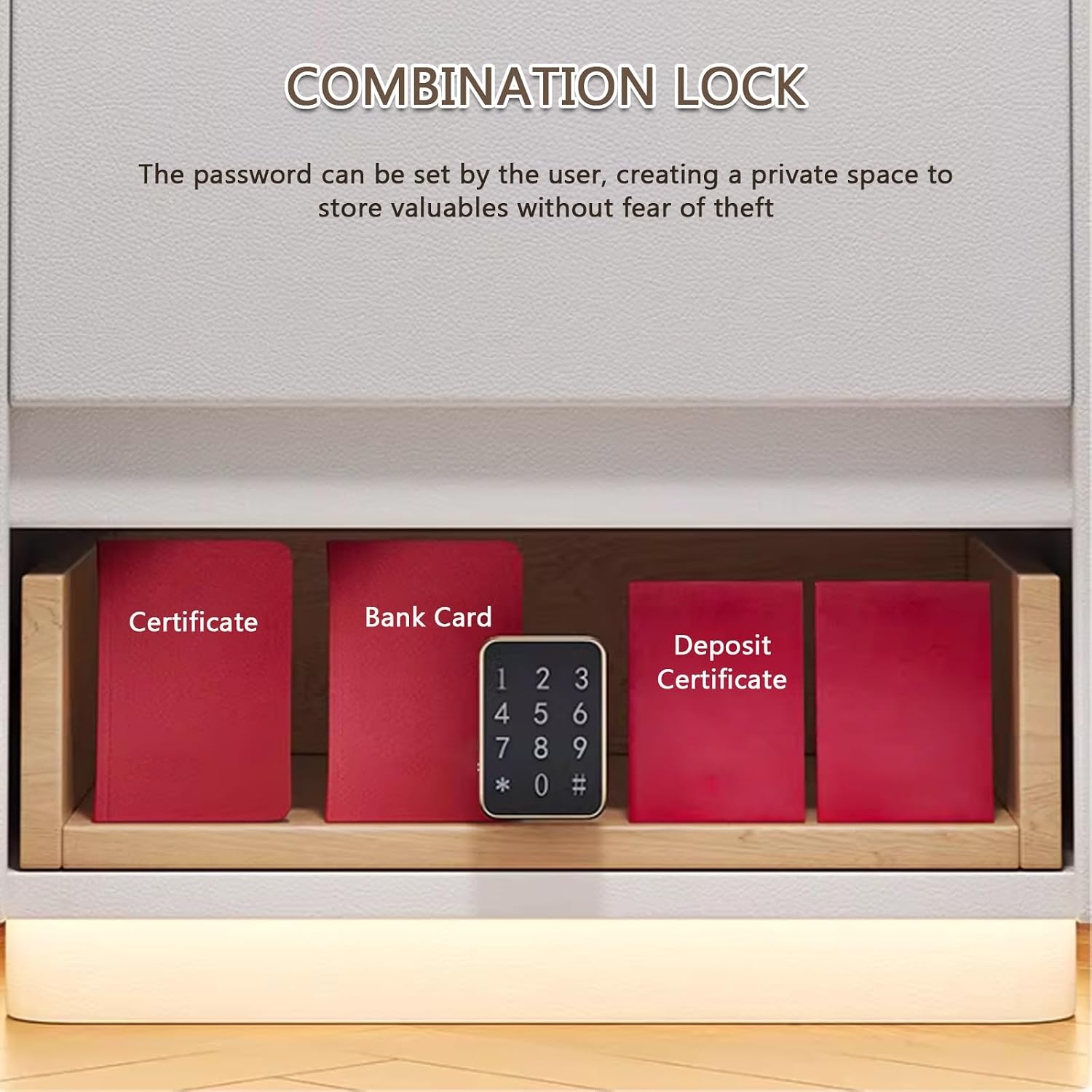 Smart Nightstand, End Tables Bedroom with Wireless Charging & Combination Lock, Touch-Sensitive Tri-Color Lighting, Tempered Glass Tabletop