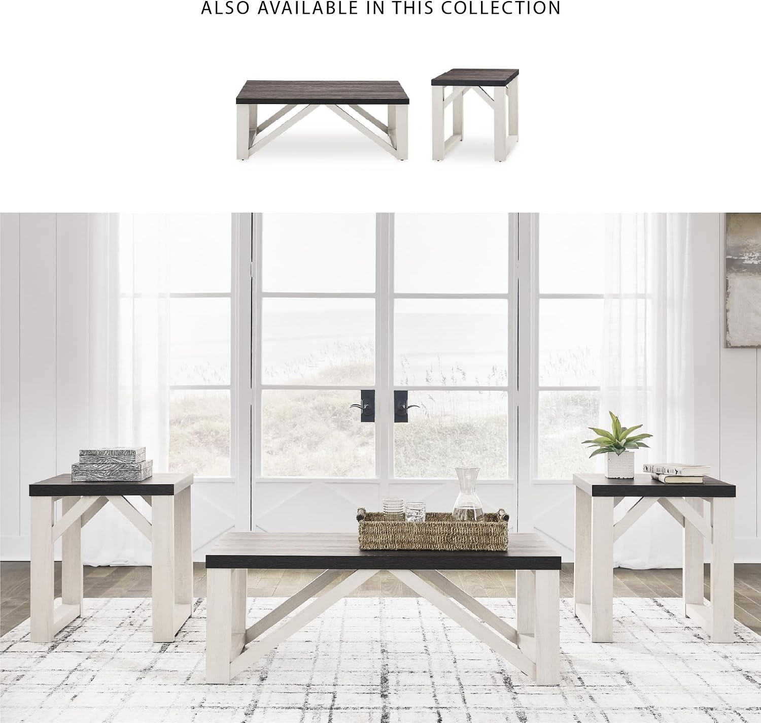 Signature Design by Ashley Dorrinson Farmhouse Table Set for Living Room, Set of 3, Dark Brown & White