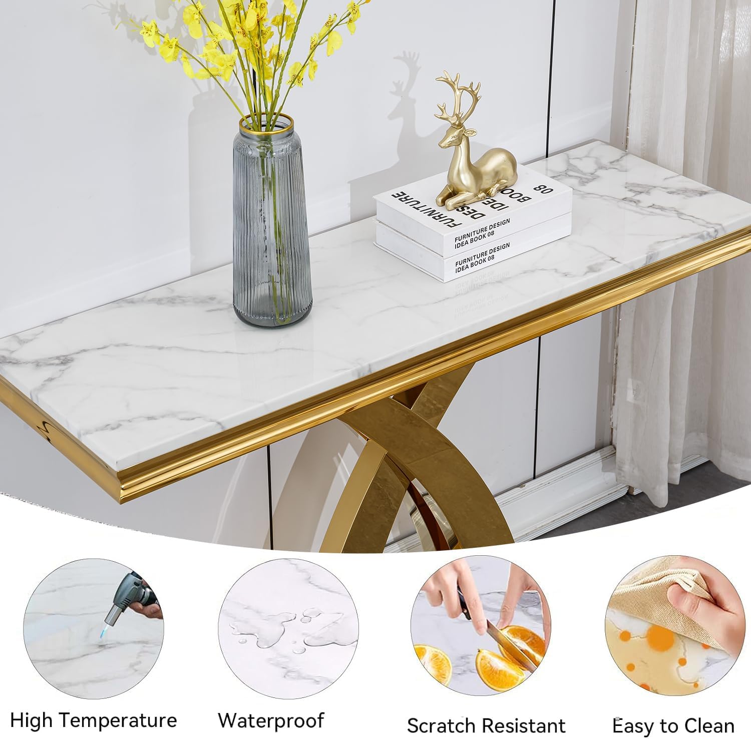 Modern White Gold Console Table, 47' Faux Marble Entryway Table Narrow Long Sofa Table, Luxury Accent Table Rectangle Behind Sofa Entrance Table Foyer Hallway Table for Living Room