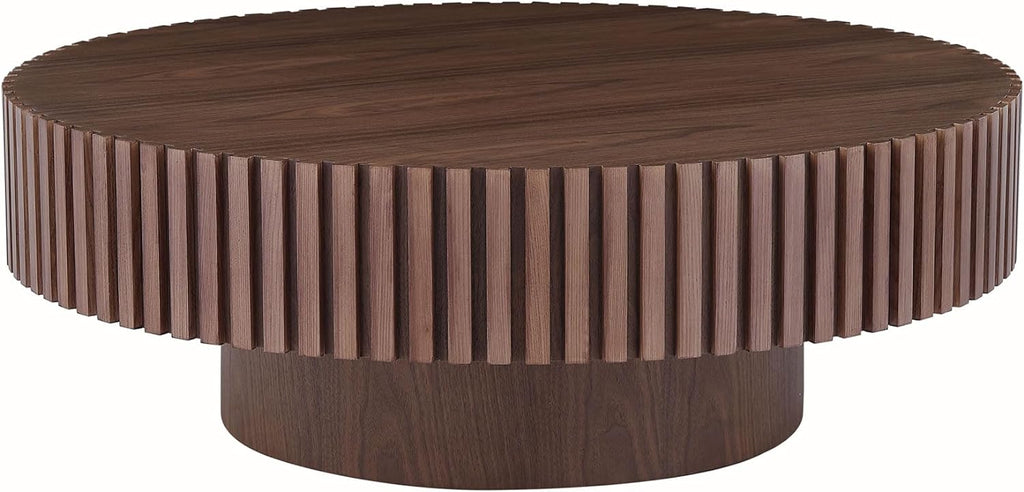 31.49' Round Wood Coffee Table for Living Room Circle Pedestal Coffee Table Mid Century Modern Fluted Accent Table for Apartment Easy Assembly (Walnut,Round+Ø31.49'x13.97')