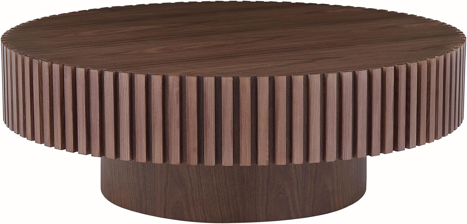 31.49' Round Wood Coffee Table for Living Room Circle Pedestal Coffee Table Mid Century Modern Fluted Accent Table for Apartment Easy Assembly (Walnut,Round+Ø31.49'x13.97')