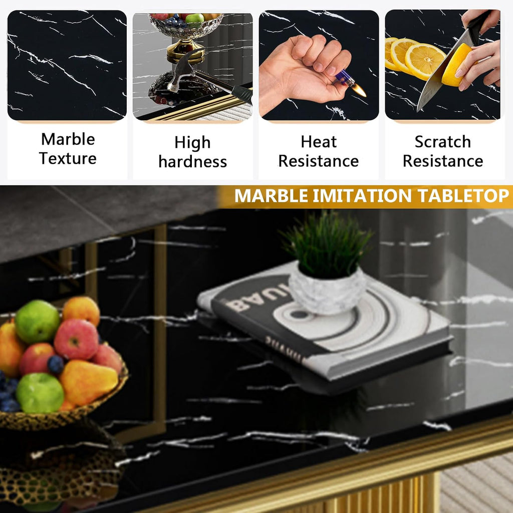 Modern Marble Coffee Table, 47' Black Gold Coffee Table with Mirrored Column-Shape Stainless Steel Base, Faux Marble Rectangle Living Room Center Table Cocktail Tea Table for Home Office