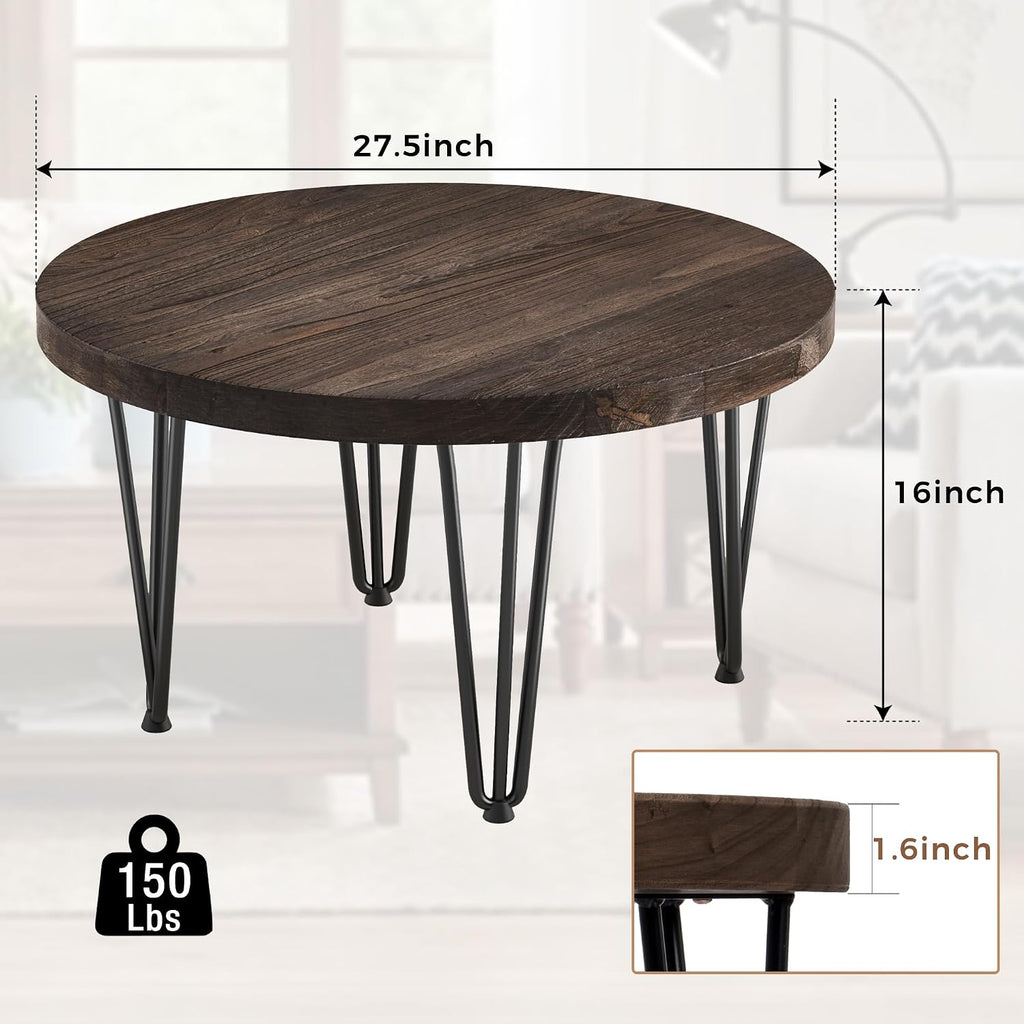 FLYJOE Rustic Wood Round Coffee Table with Metal Legs, Solid Elm Wood Top and Non-Slip Feet Pads - Farmhouse Style for Living Room, Walnut