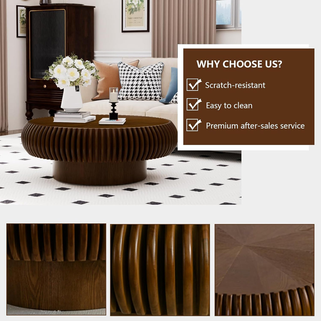 Round Drum Coffee Table Modern Coffee Tables Fluted Coffee Table Circle Center Table Pedestal End Table for Living Room Bedroom(31.5in Walnut)