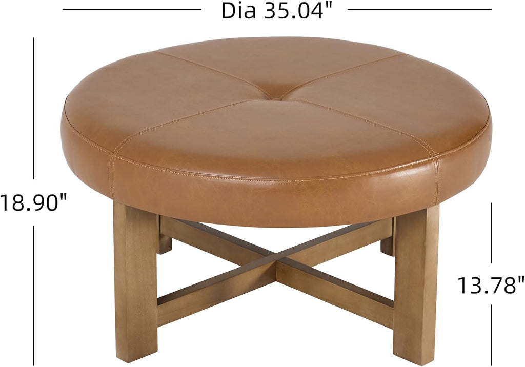 Christopher Knight Home Ladin Modern Round Ottoman Coffee Table, Faux Leather Cocktail Ottoman for Living Room Sofa, Entryway Comfortable Footstool, Wooden Ottoman Foot Rest, Light Brown+Walnut