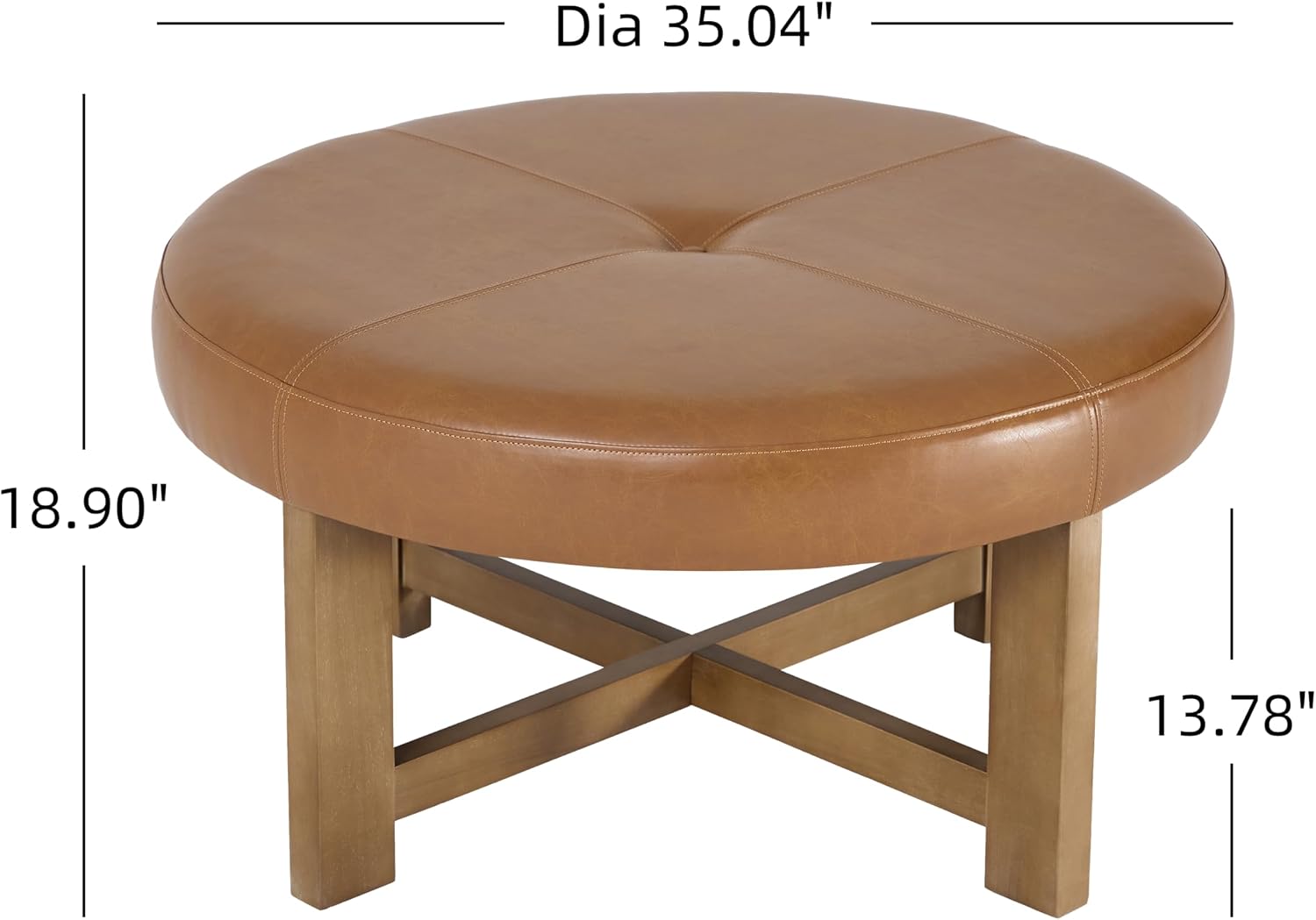Christopher Knight Home Ladin Modern Round Ottoman Coffee Table, Faux Leather Cocktail Ottoman for Living Room Sofa, Entryway Comfortable Footstool, Wooden Ottoman Foot Rest, Light Brown+Walnut