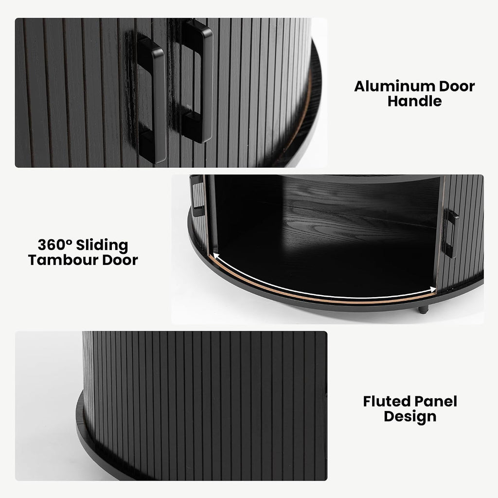 HOMPUS Round Coffee Table with Storage, 31.5' Mid Century Modern Coffee Table with 360° Sliding Door, Fluted Wooden Coffee Table with Adjustable Footpads, Center Table for Living Room, Black