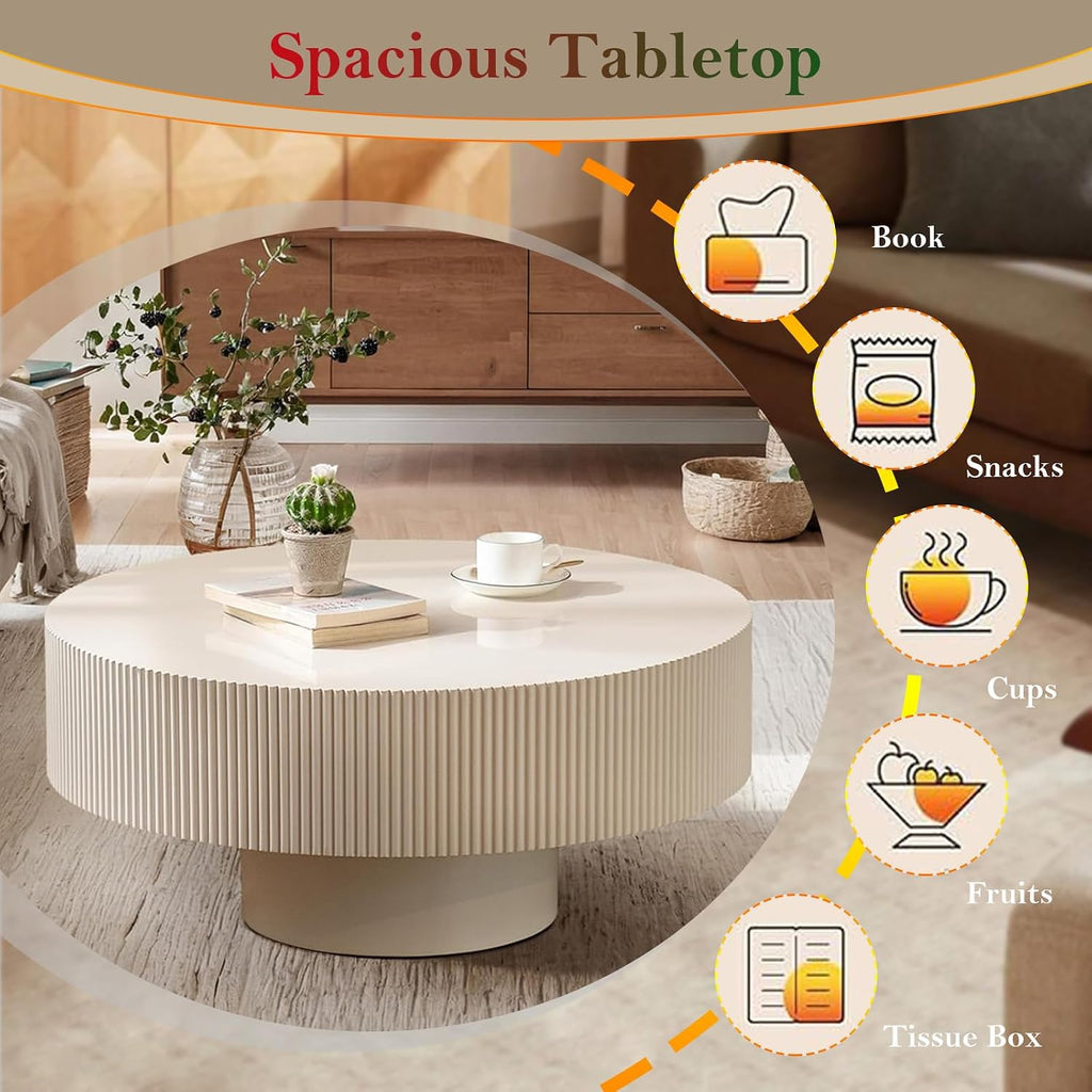 Round Fluted Coffee Table Rustic Circular Pedestal Center Table with Round Thicken Tabletop & Sturdy Base for Living Room Reception Room Study Farmhouse (Lvory White Thicken 30.71in)