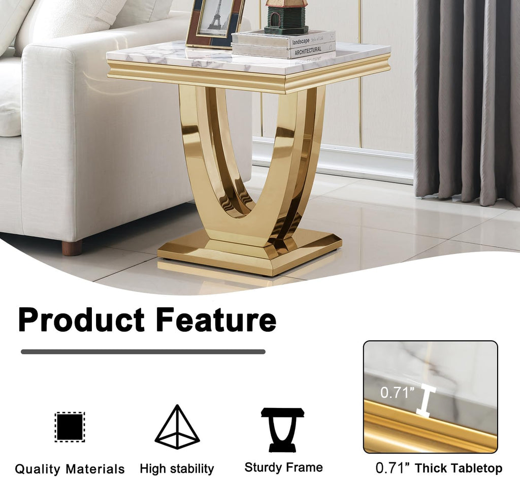 2-Piece Living Room Table Set, Faux Marble Coffee Table Set of 2 with U Stainless Steel Base, White and Gold Coffee and End Table Set, Modern Home Living Furniture