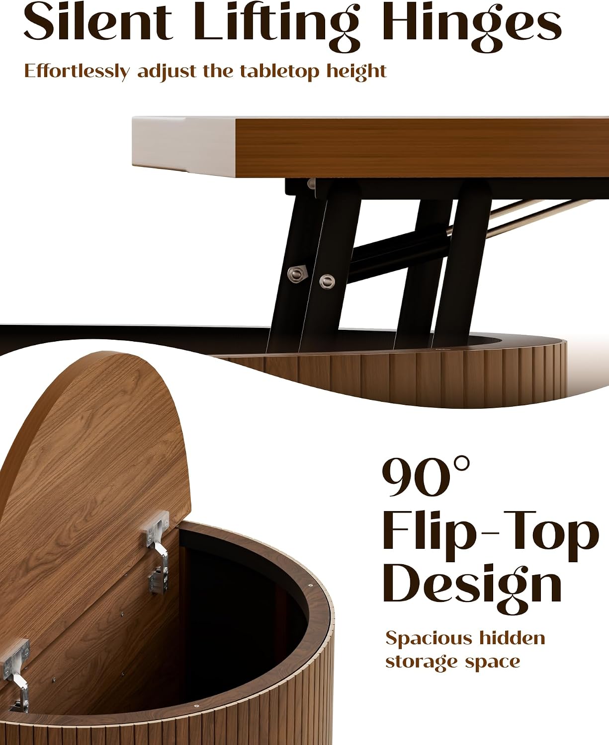Fluted Round Lift Top Coffee Table with Storage, 31.5' Walnut Small Circle Wood Center Table for Living Room, Small Space