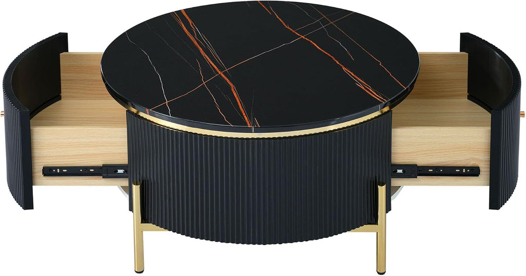 Modern Round Coffee Table with 2 Large Drawers Storage Accent Table for Living Room, Black(31.5'')
