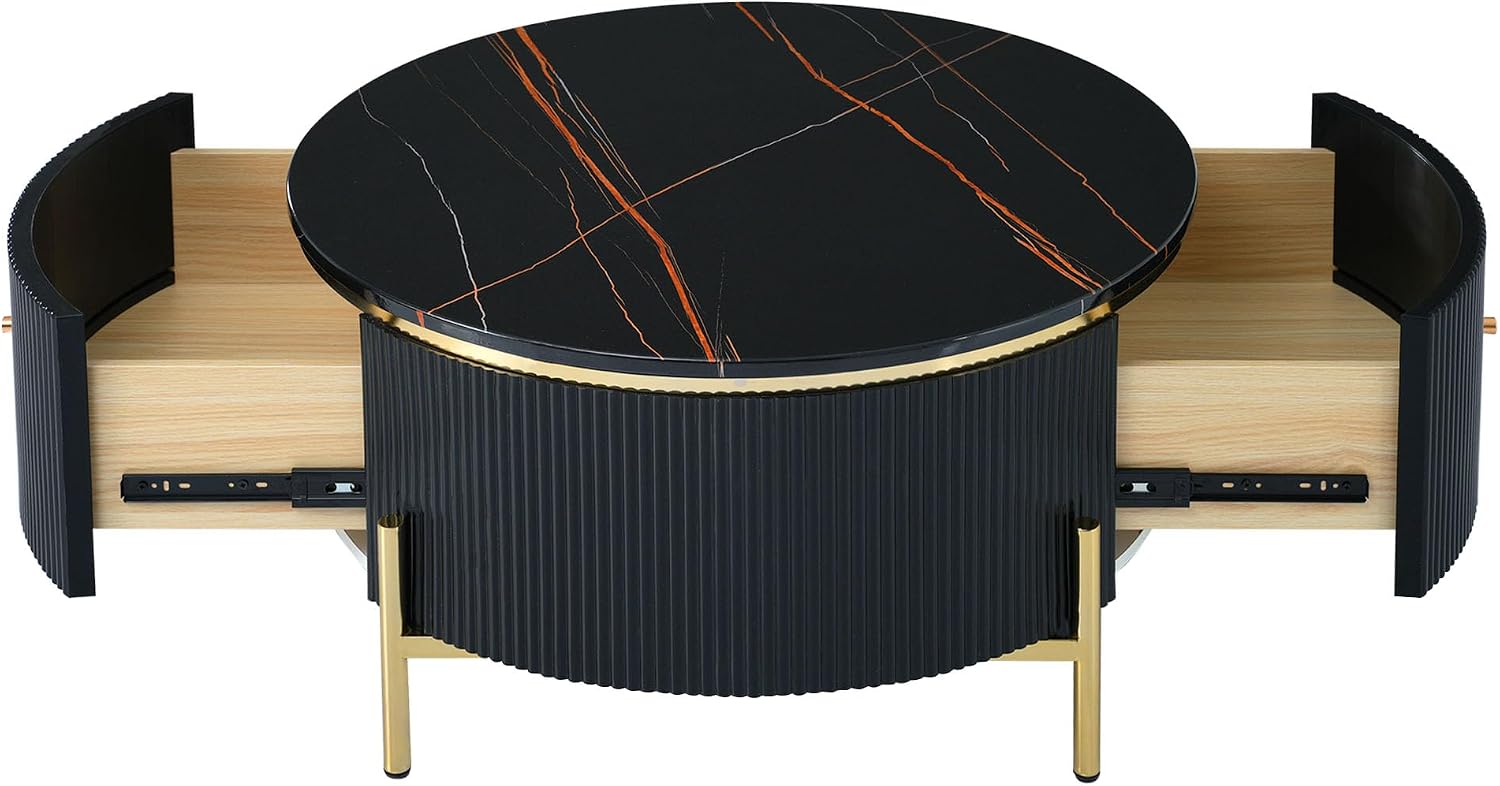 Modern Round Coffee Table with 2 Large Drawers Storage Accent Table for Living Room, Black(31.5'')