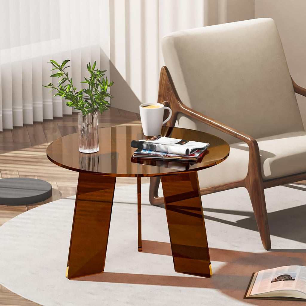 Acrylic Coffee Table Round, Clear Circle Modern Lucite Side Table Legs for Living Room, Bedroom, Office (Dark Brown, 23.6' × 15.7')