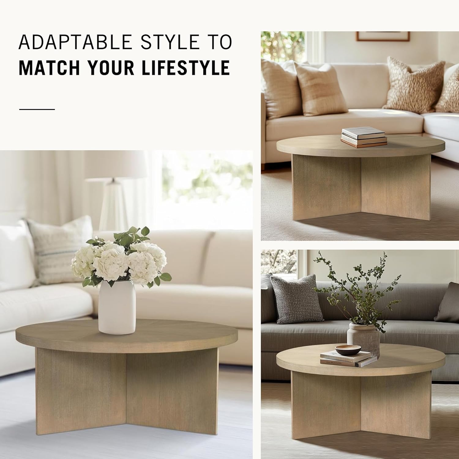 Martha Stewart Sadie Round Coffee Table – Starburst Veneer Top, Reclaimed Greige Wood Finish, Modern Accent for Living Room, Lounge, or Sitting Area, 36' Dia x 16.5' H