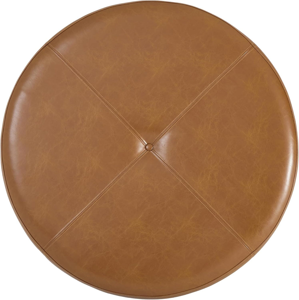 Christopher Knight Home Ladin Modern Round Ottoman Coffee Table, Faux Leather Cocktail Ottoman for Living Room Sofa, Entryway Comfortable Footstool, Wooden Ottoman Foot Rest, Light Brown+Walnut