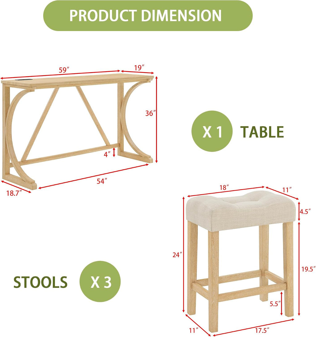 Merax 59 Inch Industrial Bar Table Set with Power Outlet, 3 Linen Upholstered Stools, Counter Height Table Set with 24 Inch Seat Height Stools for Kitchen, Living Room,Light Oak+Beige