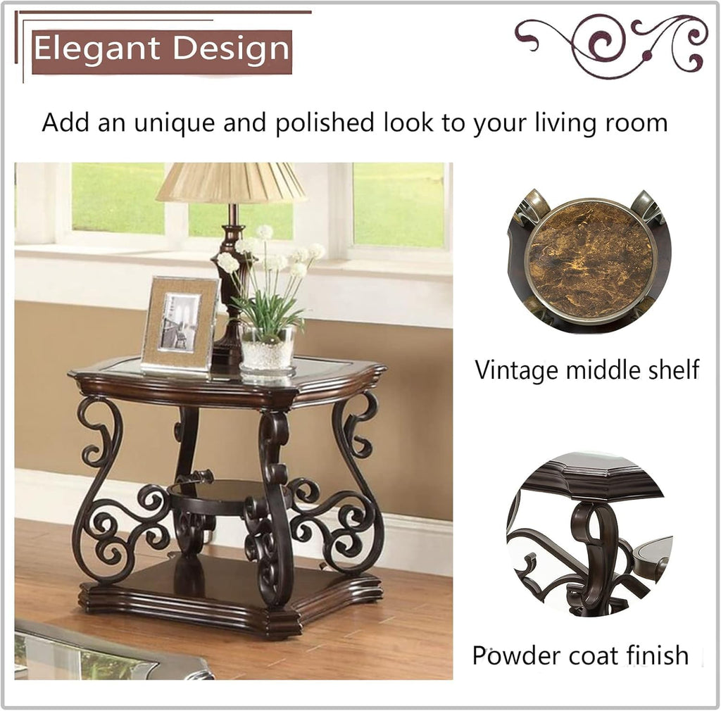 3 Piece Retro Coffee Table Set, Mid Century Modern Living Room Table Set, Traditional 3-Tier Coffee Table and 2 End Tables with Tempered Glass Top & Storage Shelf for Living Room Home Office