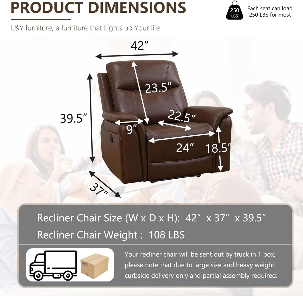Leather Power Recliner Chair, Reclining Sofa Chair with Padded Backrest, Single Home Theater Seating with Light Strip, Classic Brown Recliner Furniture for Living Room/Office/RV, Brown