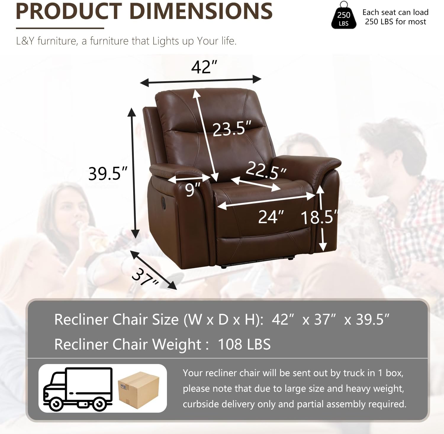 Leather Power Recliner Chair, Reclining Sofa Chair with Padded Backrest, Single Home Theater Seating with Light Strip, Classic Brown Recliner Furniture for Living Room/Office/RV, Brown